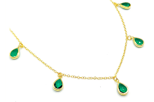 Chocker Elos Cadeado 34+10cm Cristais de Gota Verde Esmeralda Banhado Ouro