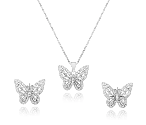 Conjunto Borboleta Cravejado Zircônias - Prata 925