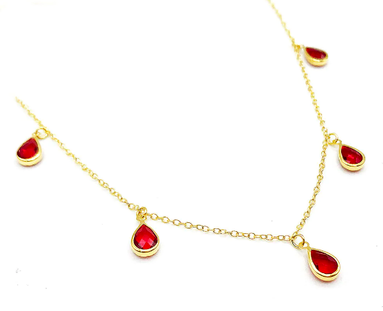 Chocker Elos Cadeado 34+10cm Cristais de Gota Vermelho Rubi Banhado Ouro